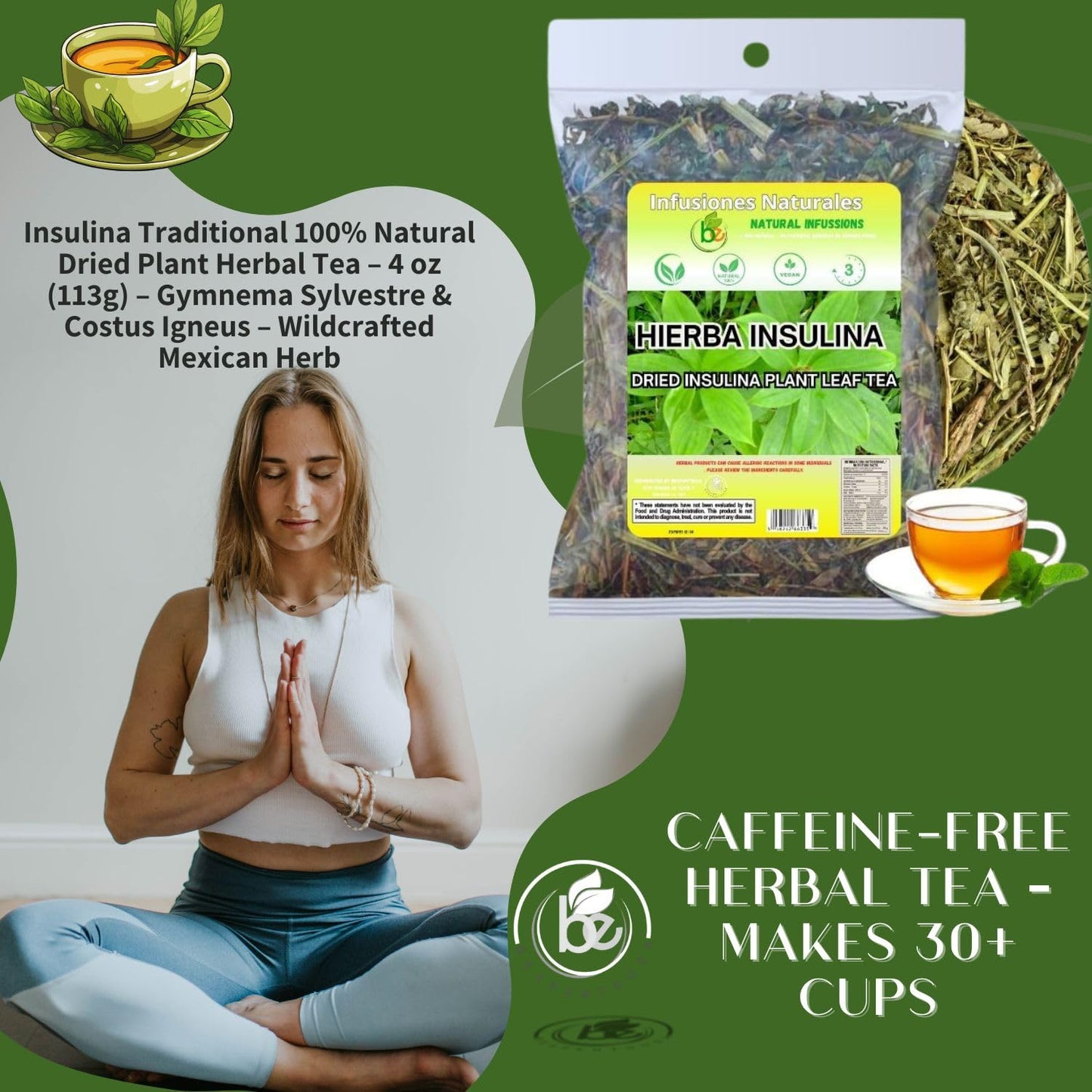 Insulina Traditional 100% Natural Dried Plant Herbal Tea - 4 oz (113g) - Gymnema Sylvestre & Costus Igneus - Wildcrafted Mexican Herb - Sugar-Free, 0