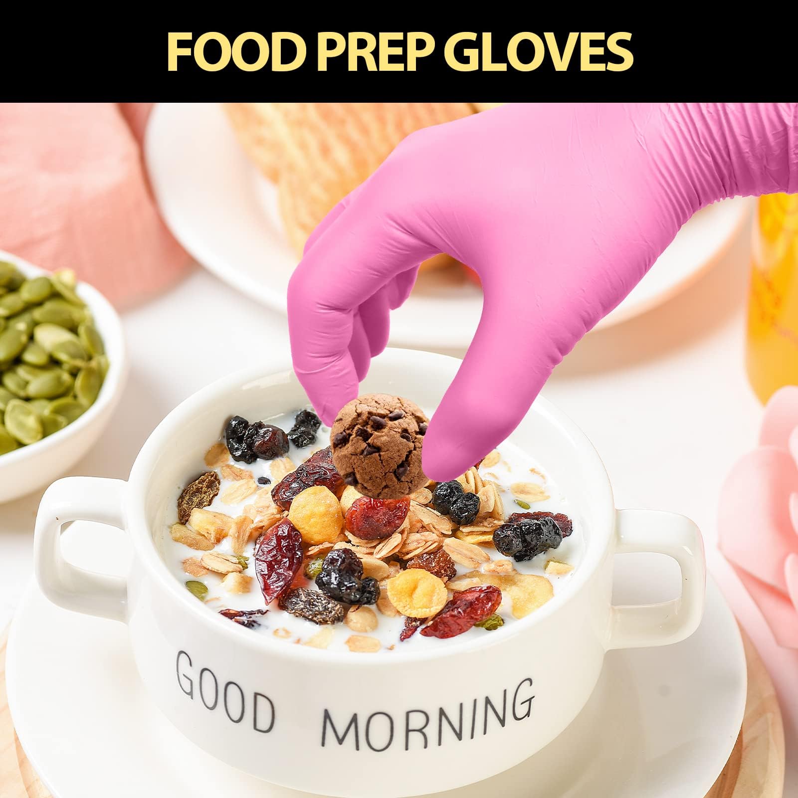 GuassLee 100 Pack Pink Vinyl Disposable Gloves - Latex Free and Power Free Food Grade Exam Gloves for Cleaning, Food Prep, Kitchen Use, Medium