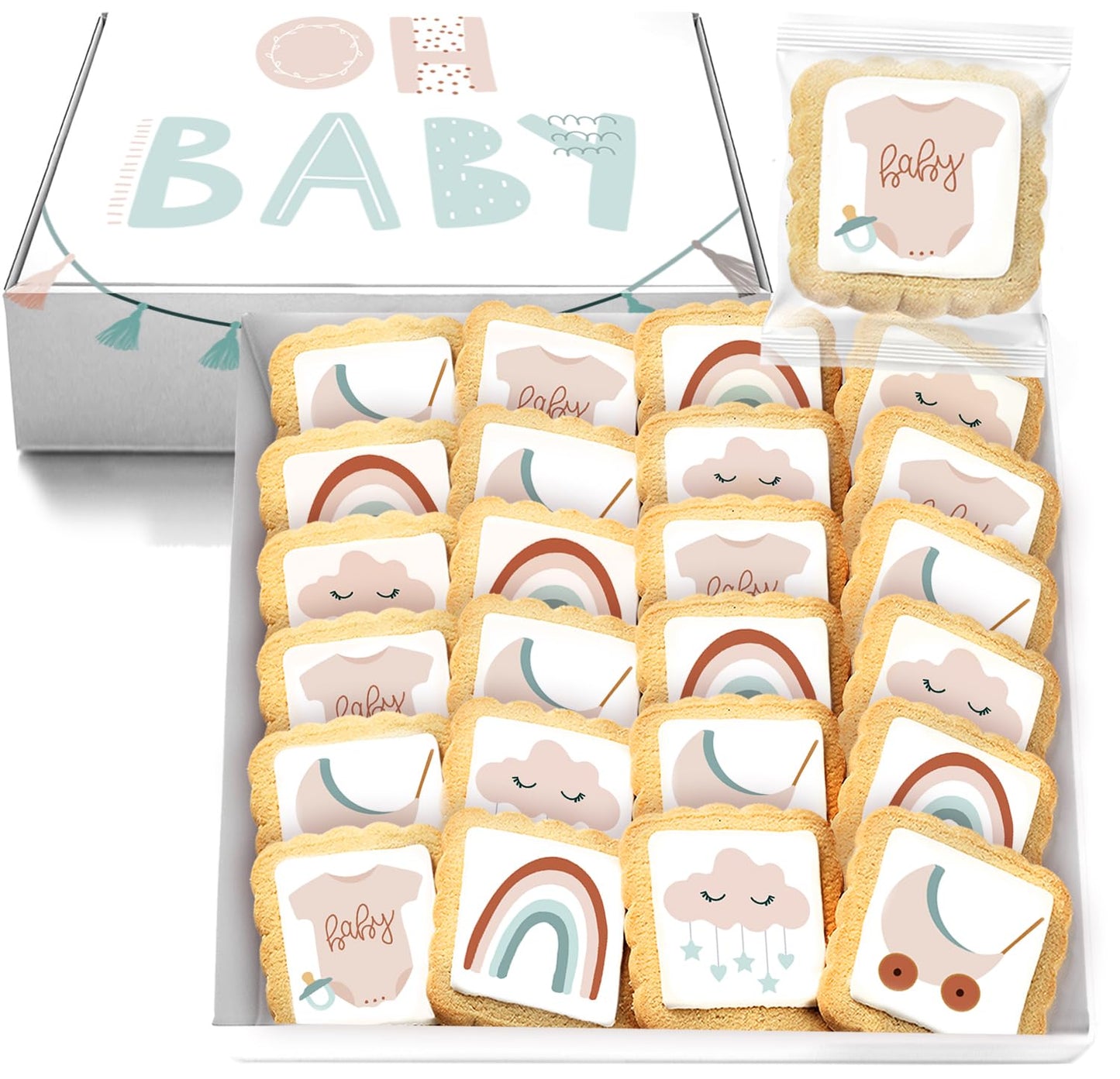 Boho Baby Cookies boy girl Individually Wrapped Party Favors Baby Shower 24 Pack Bulk gender neutral gift basket Earth Tones Baby Shirt Pacifier
