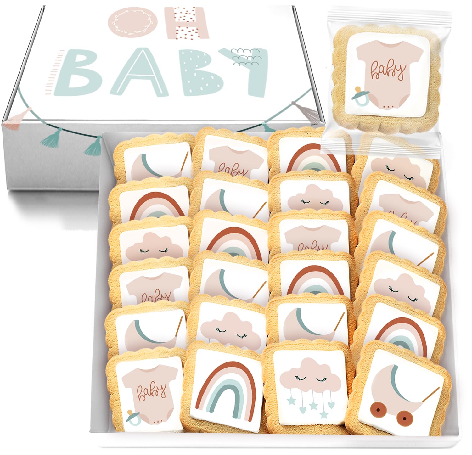 Boho Baby Cookies boy girl Individually Wrapped Party Favors Baby Shower 24 Pack Bulk gender neutral gift basket Earth Tones Baby Shirt Pacifier