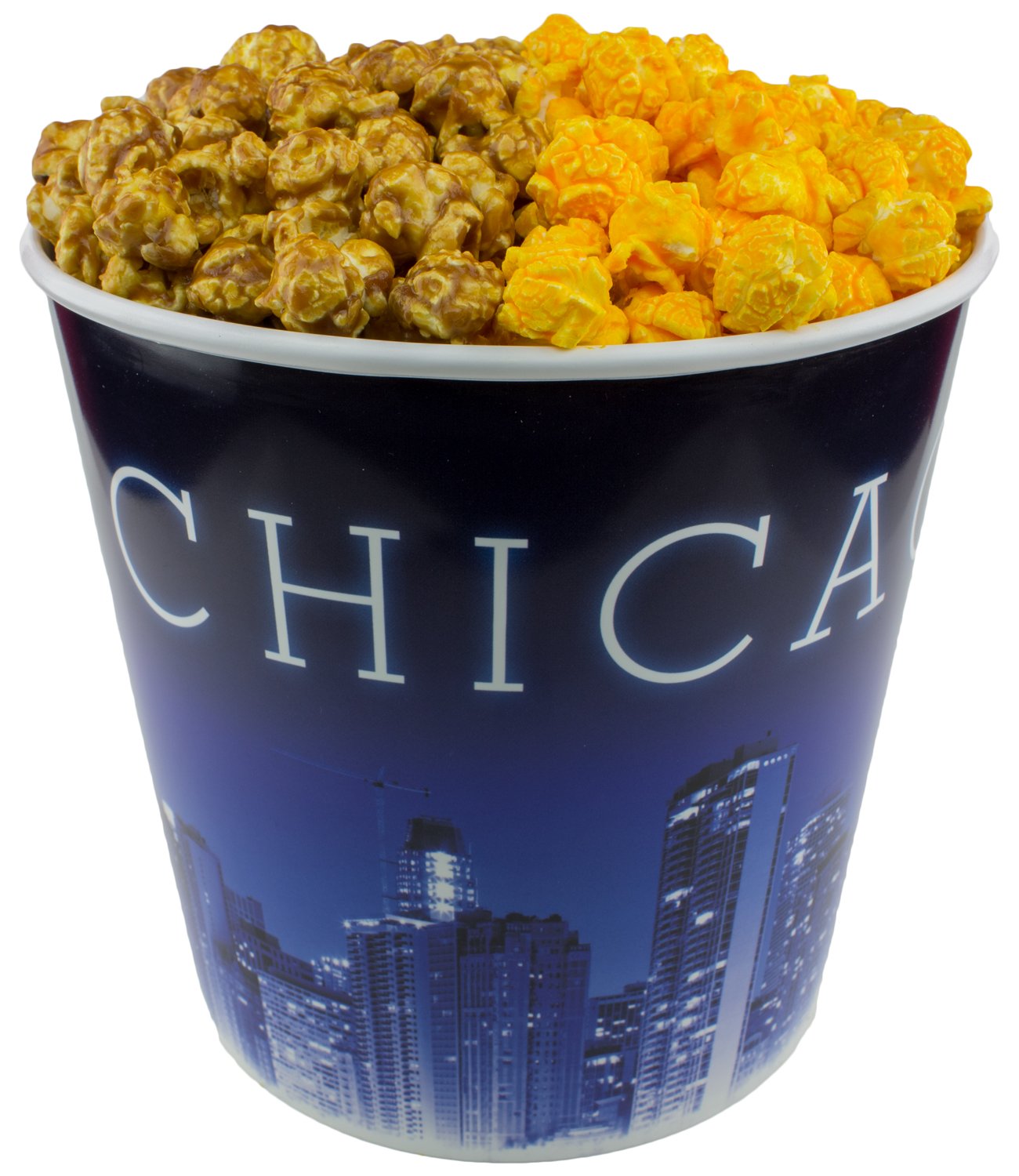 Signature Popcorn - Gourmet 1-Gallon Blue Chicago Skyline Reusable Plastic Bucket Tin - Half Caramel Half Cheddar Cheese Flavor - Holiday, Party