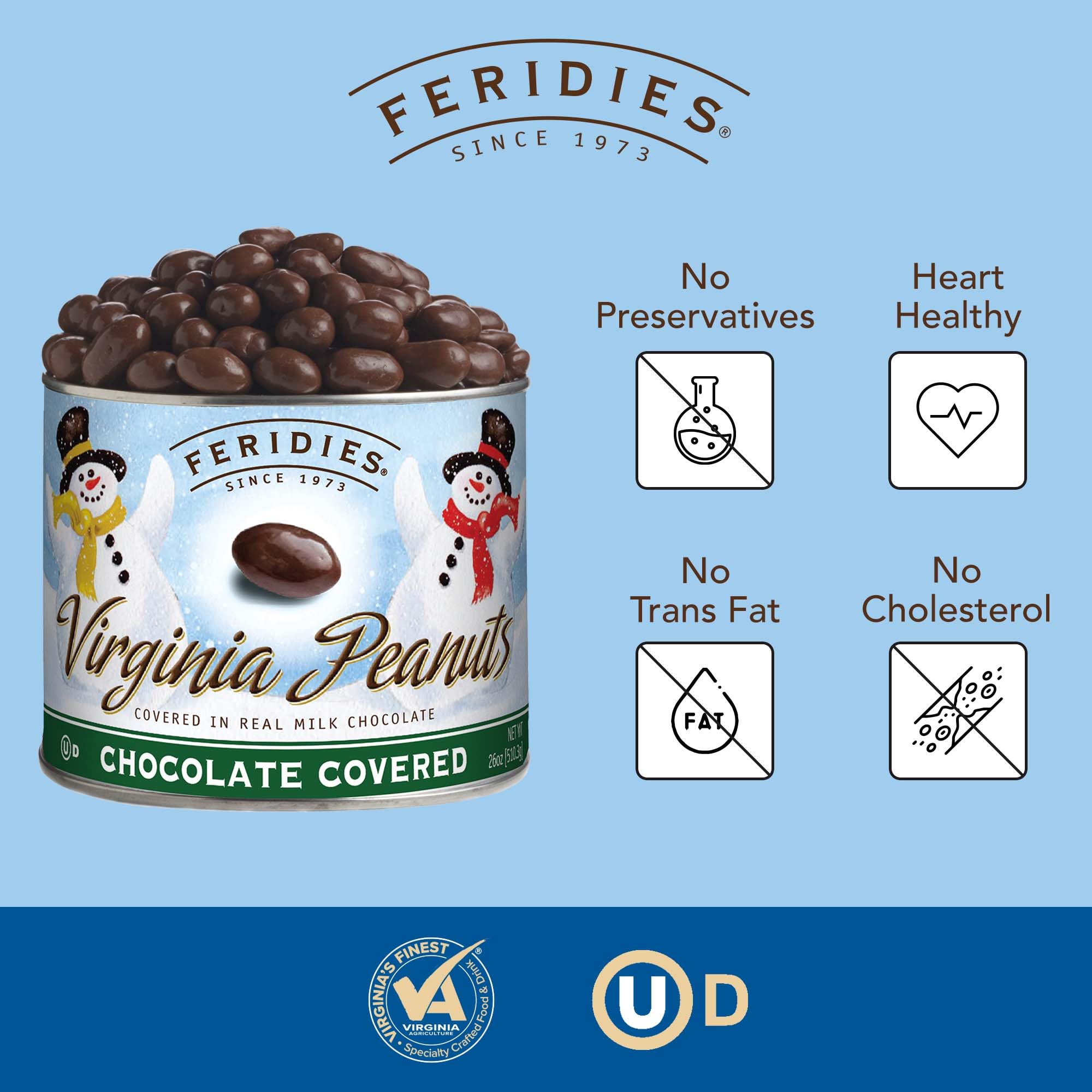 FERIDIES Holiday Snowmen Milk Chocolatey Covered Extra Large Virginia Peanuts - 26oz Resealable Can of Chocolatey Goodness