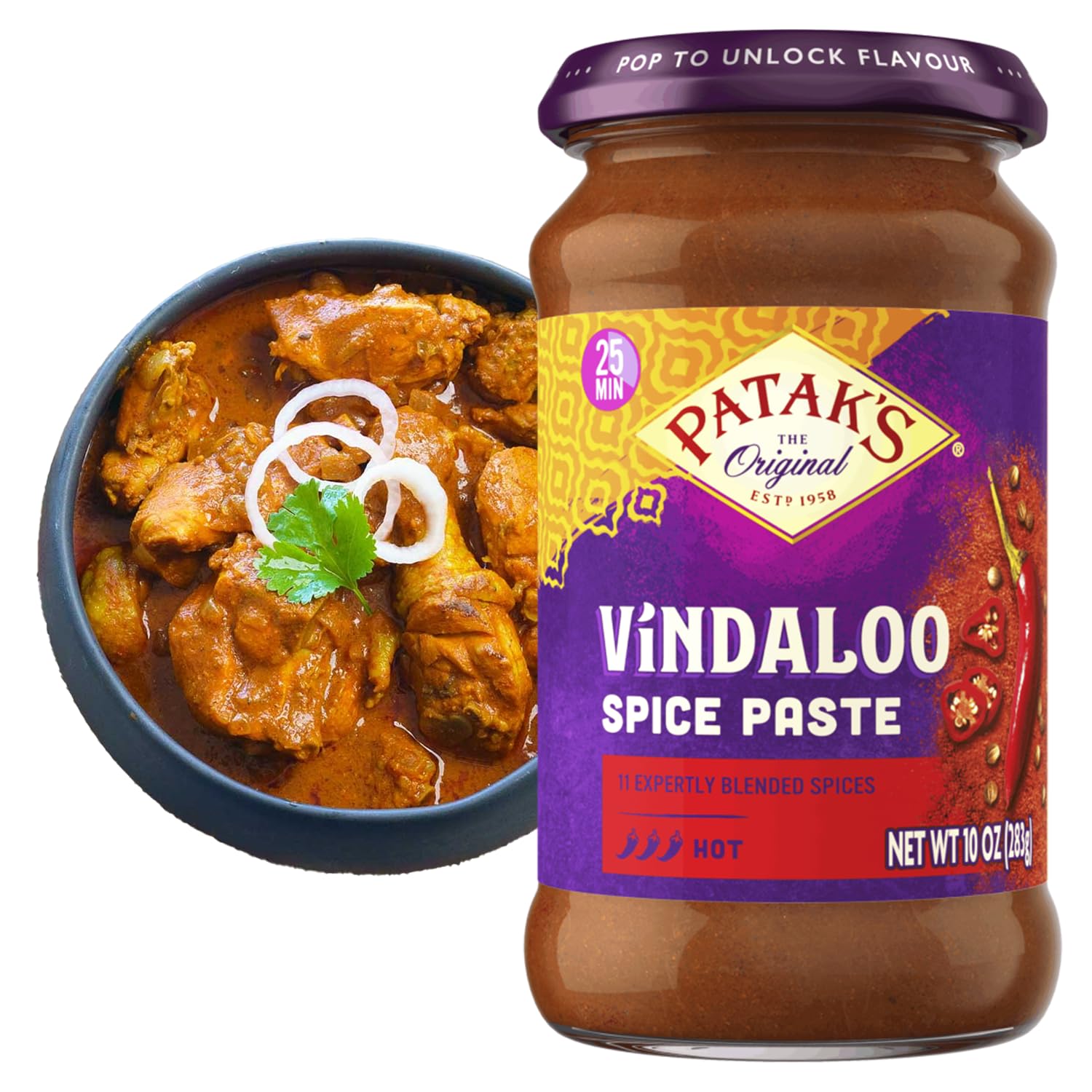 Patak's Vindaloo Spice Paste, Hot Indian Curry with 11 Expertly Blended Spices, Gluten-Free & Vegan, Flavorful Base for Chicken, Seafood, Vegetables