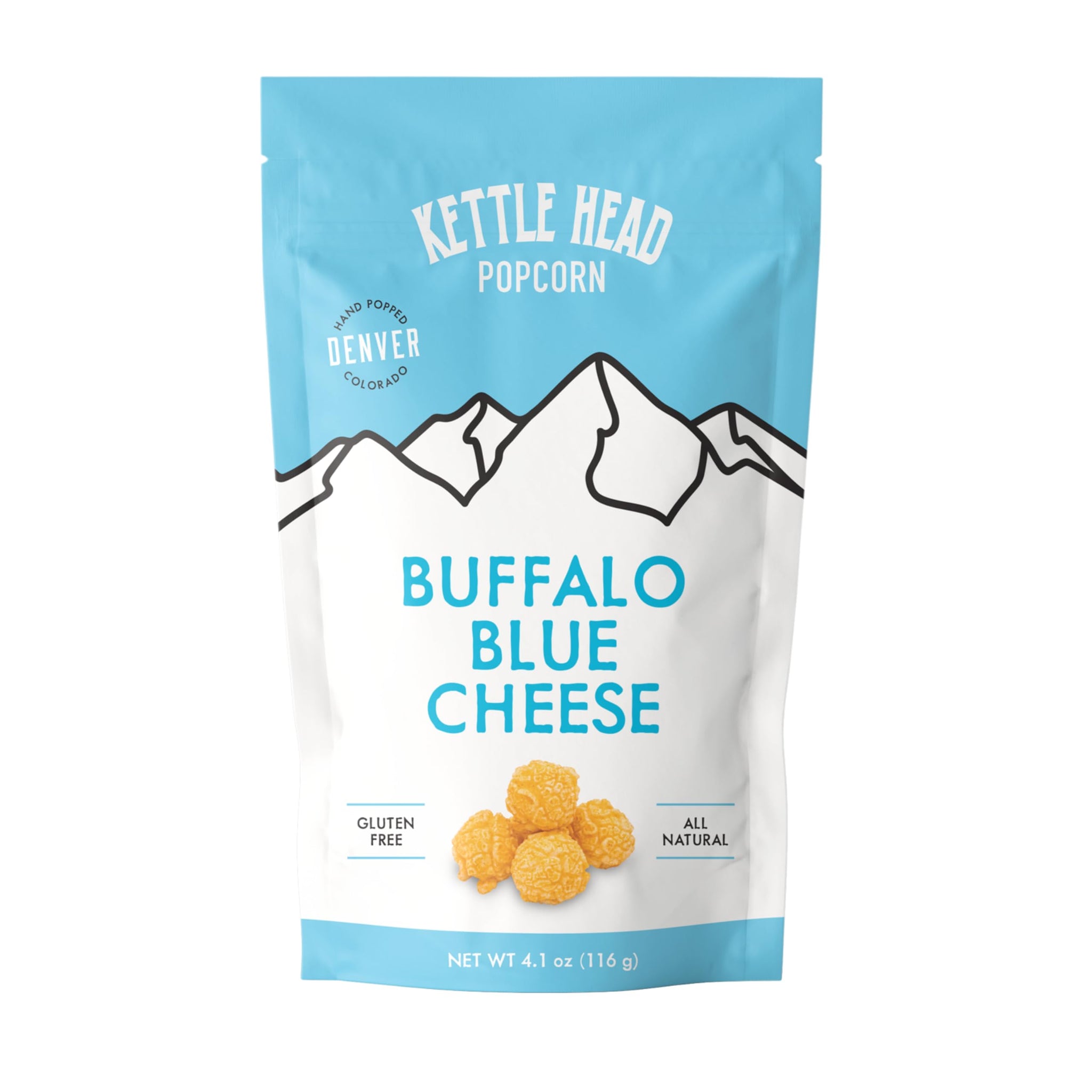 Kettle Head Popcorn Buffalo Blue Cheese, 4.1 oz - Gourmet Spicy Cheesy Popcorn Snack, Bold Buffalo Flavor, Small Batch Popped Corn