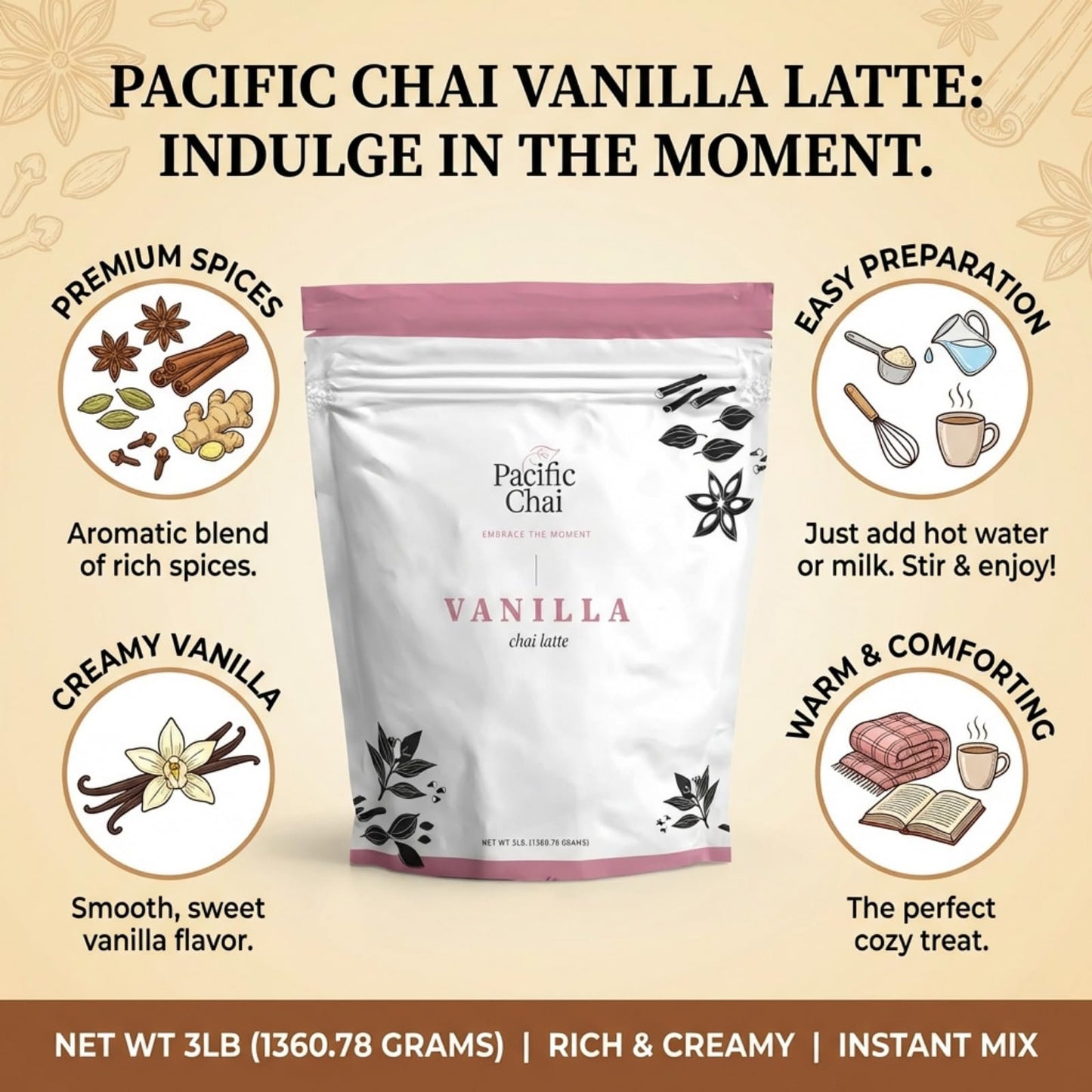 Pacific Chai Vanilla Chai Latte Mix, Instant Chai Tea Latte Powder Drink Mix, Gluten Free, Kosher, Spiced Tea Latte, 3 LB