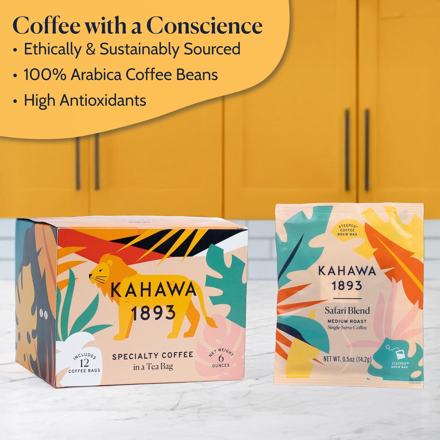 Kahawa 1893 Coffee Tea Bags Medium Roast Safari Blend 12 Single Serve Bags - As Seen on Shark Tank, High Antioxidants, Naturally Sweet, Organically