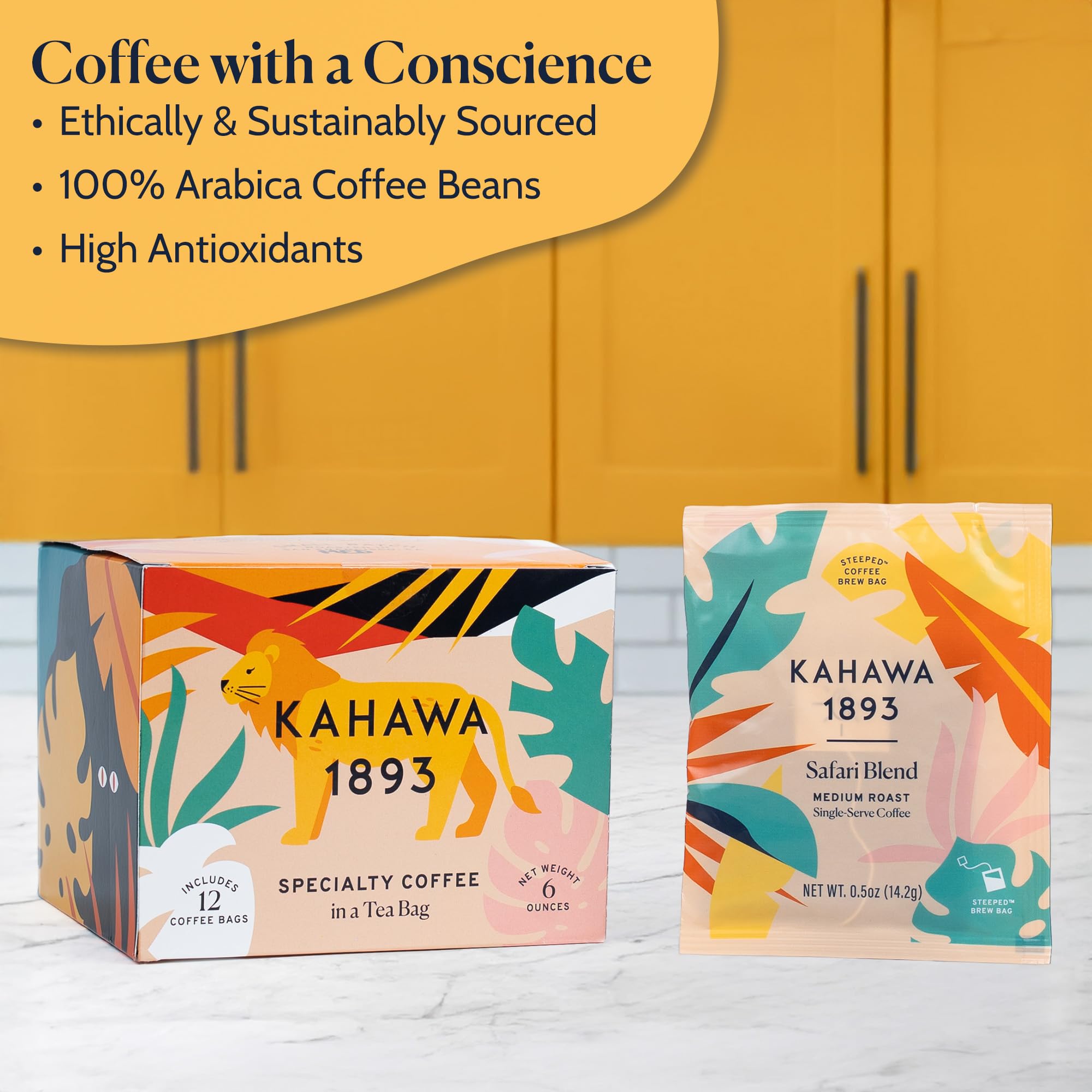 Kahawa 1893 Coffee Tea Bags Medium Roast Safari Blend 12 Single Serve Bags - As Seen on Shark Tank, High Antioxidants, Naturally Sweet, Organically