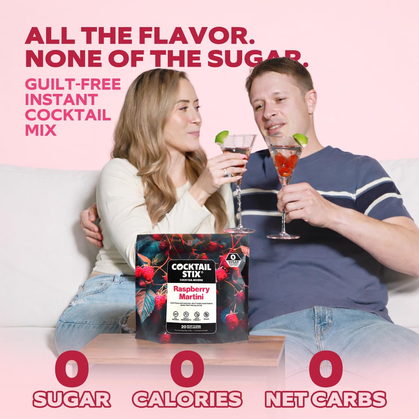 Cocktail Stix Zero Sugar Raspberry Martini Mixer - Cocktail & Mocktail Drink Mixer - Skinny Mixes - Water Flavoring Packets - Vegan - No Calories, No