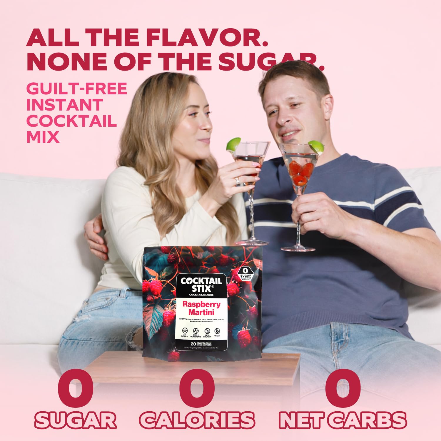 Cocktail Stix Zero Sugar Raspberry Martini Mixer - Cocktail & Mocktail Drink Mixer - Skinny Mixes - Water Flavoring Packets - Vegan - No Calories, No