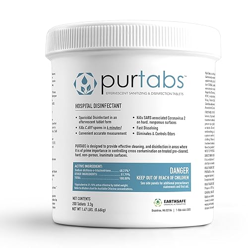 PurTabs Disinfectant Tablets, NSF D2 Certified Food Safe, Hypochlorous Acid Commercial Kitchen & Surface Sanitizer, Kills Norovirus & C. Diff Spores