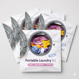 Portable Laundry Kit - Travel Clothes Cleaning Essentials with Liquid Detergent, Stain Remover Wipe, Dryer Sheet & Laundry Bag - Bulk Supply