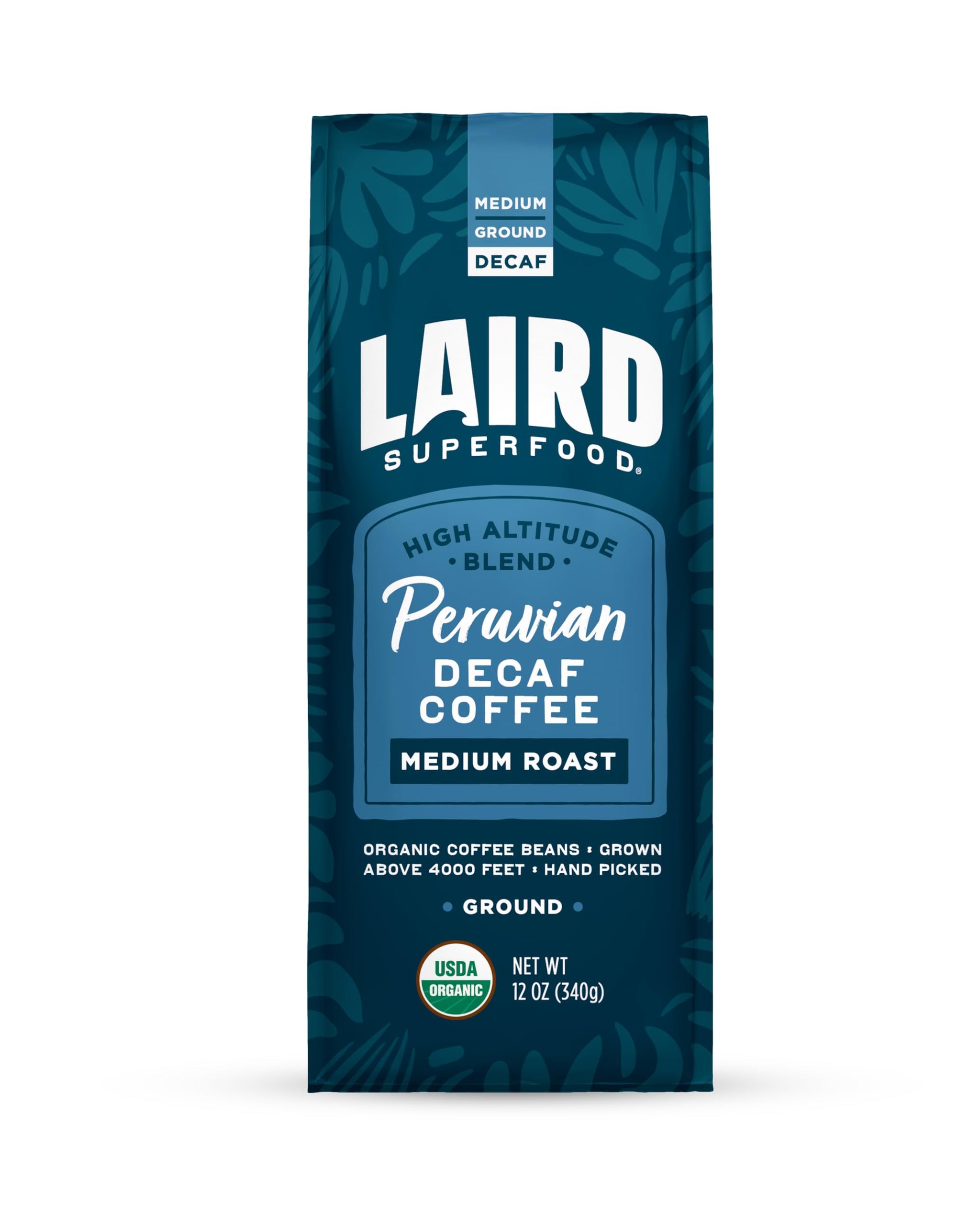 Laird Superfood Peruvian Medium Roast Decaffeinated Ground Coffee, Chemical-Free Decaf Swiss Water Processed Ground Coffee, Gluten-Free, Dairy-Free