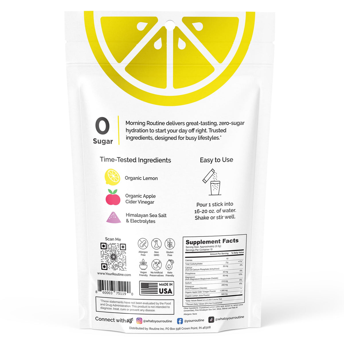 ROUTINE Morning Electrolyte Drink Mix, 3rd-Party Tested, 10 Sticks