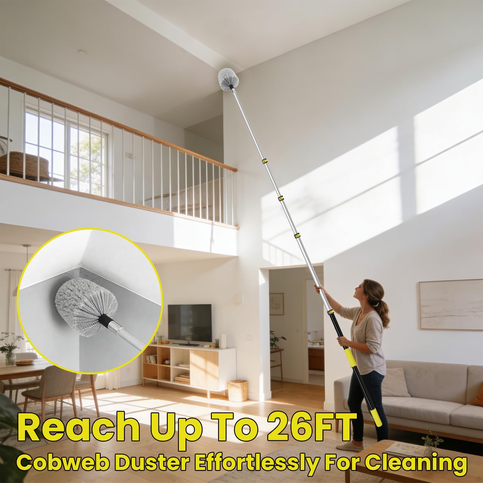 20FT High Reach Cobweb Duster with Extension Pole, Spider Web Brush for Cleaning with 3-12FT Telescopic Pole, 8" Larger Extendable Duster for High