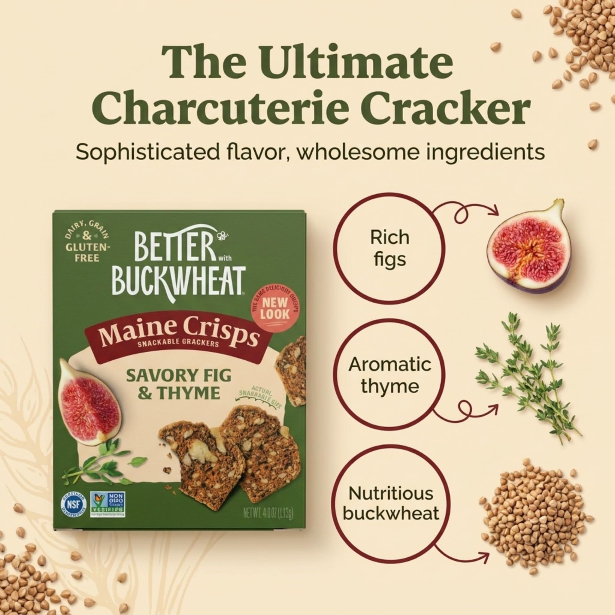 Maine Crisp Savory Fig & Thyme Crisps - Vegan Gluten Free Crackers - Snack Crackers, Grain Free, Dairy Free, Non-GMO - Sweet & Savory Flavor - 4oz