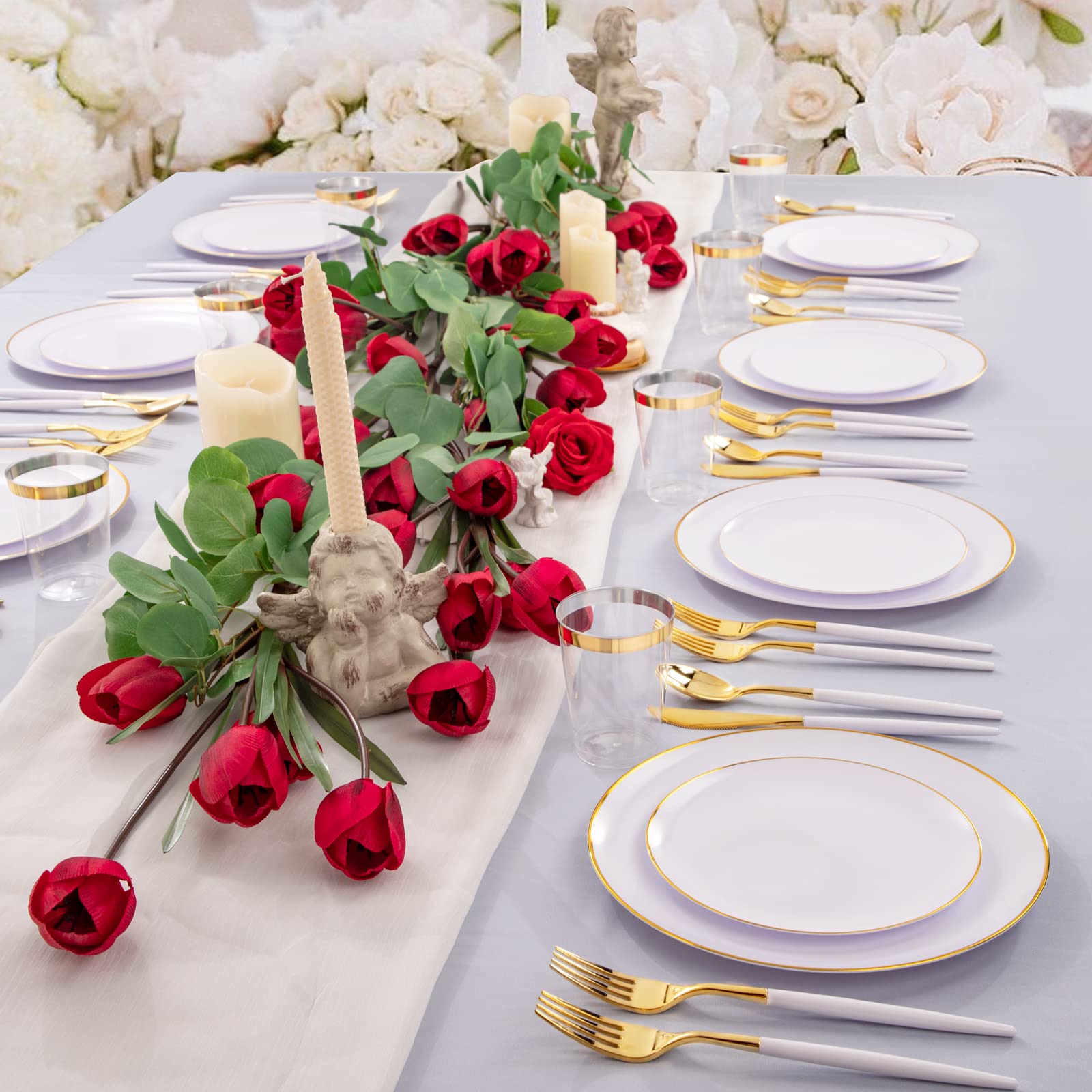 LIYH 180 Pcs White and Gold Plastic Plates Disposable - Dinnerware Set, Gold Plastic Silverware, Disposable Heavyduty Plates for Parties, Birthdays