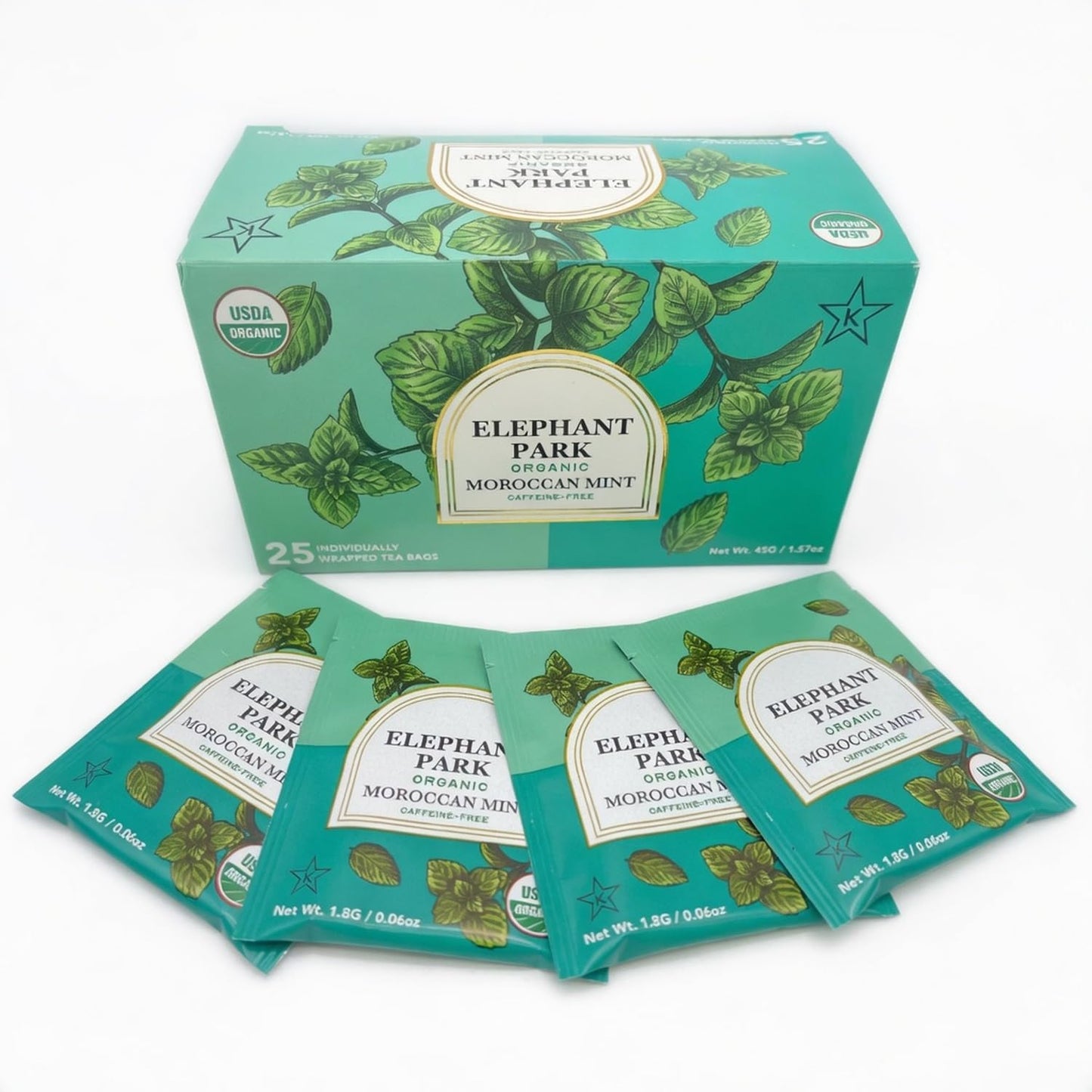 Elephant Park USDA Organic Moroccan Mint Tea, 25 Individually Wrapped Mint Tea Bags, Caffeine Free Peppermint Spearmint Herbal Blend, Hot Or Iced