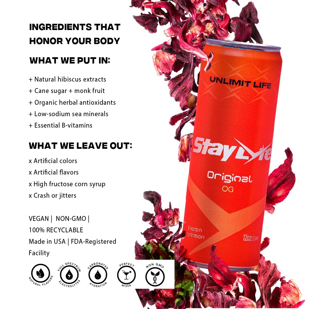 StayLyte Hibiscus Rush - Sparkling Carbonated Electrolyte Drinks, 3-in-1 Recovery Energy Hydration Drinks - Floral Hibiscus Flavor - 425mg