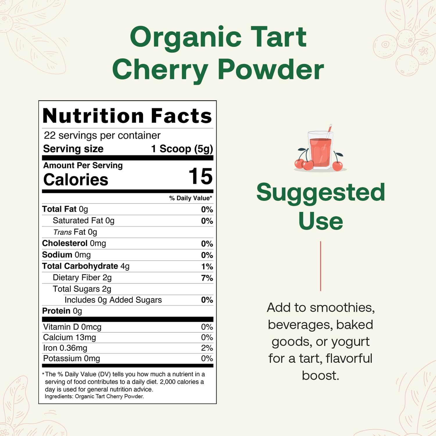 Quay Naturals Organic Tart Cherry Powder, 4oz | Made from US-Sourced Cherries | USDA Organic, Non-GMO, Freeze-Dried, No Additives | Great