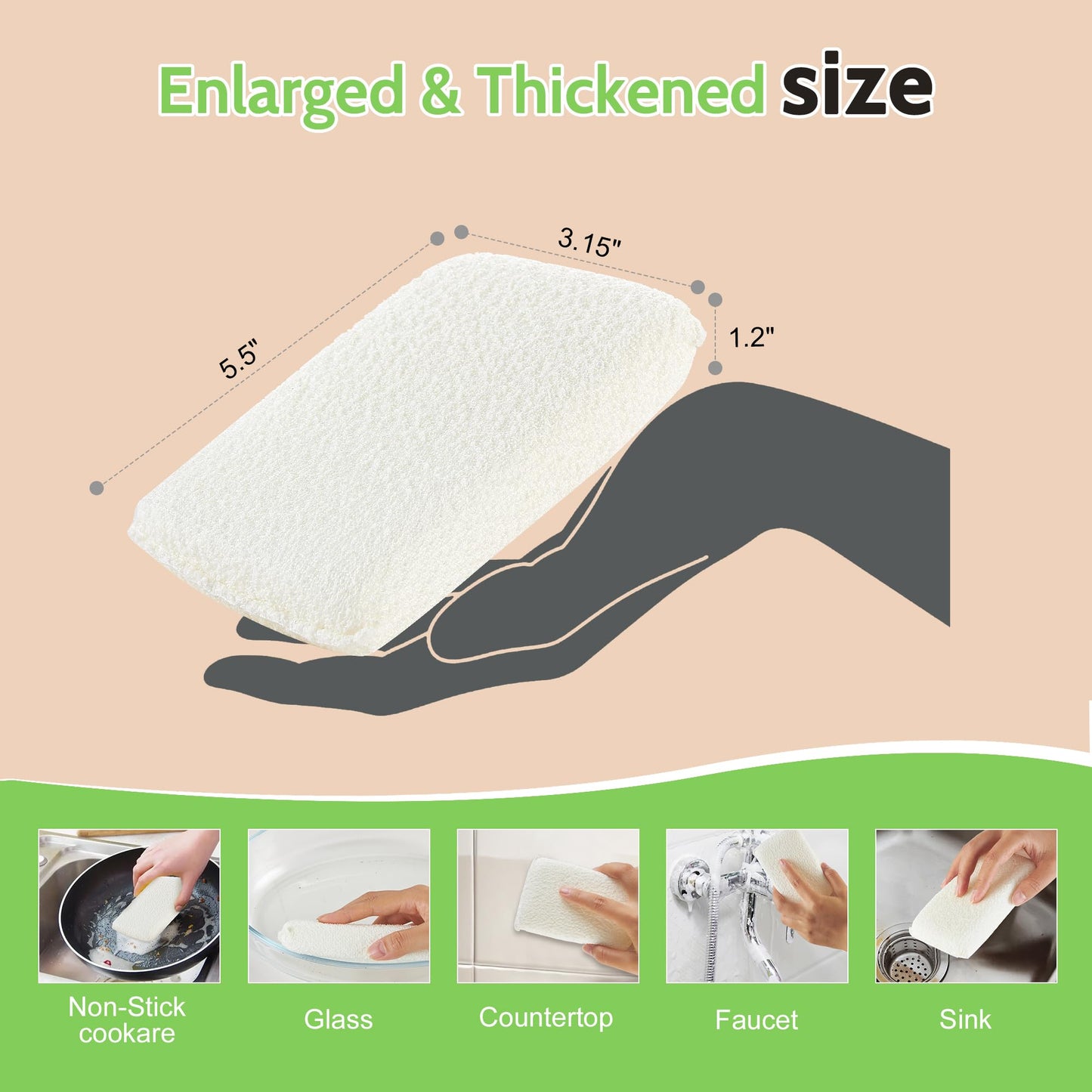 Practical Matter Kitchen Sponge, Organic Cotton Fiber All-Purpose Dish Sponges for Washing Dishes and Cleaning All Surfaces, Durable Non Scratch