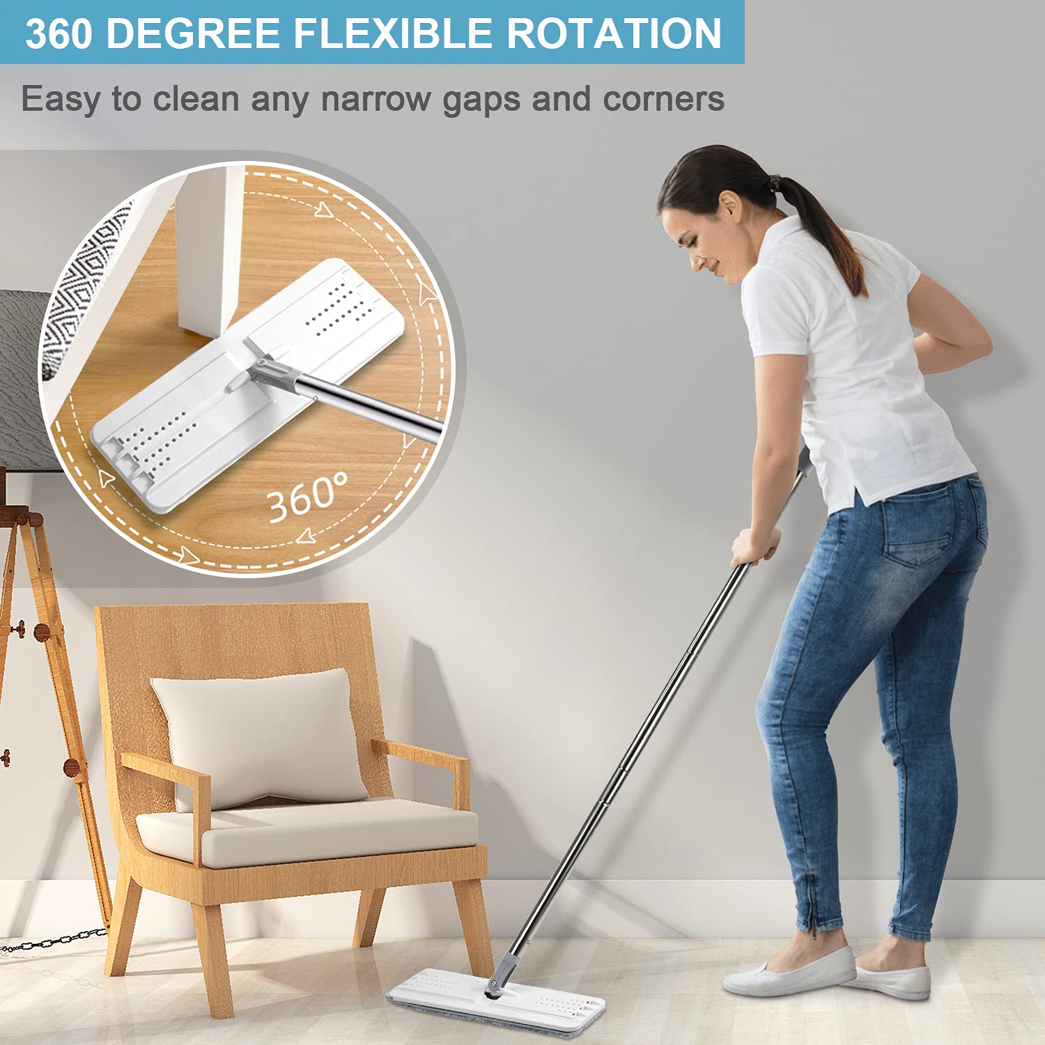 BOSHENG Mop and Bucket with Wringer Set, Hands Free Flat Floor Mop and Bucket, 3 Washable Microfiber Pads Included, Wet and Dry Use, Home Floor