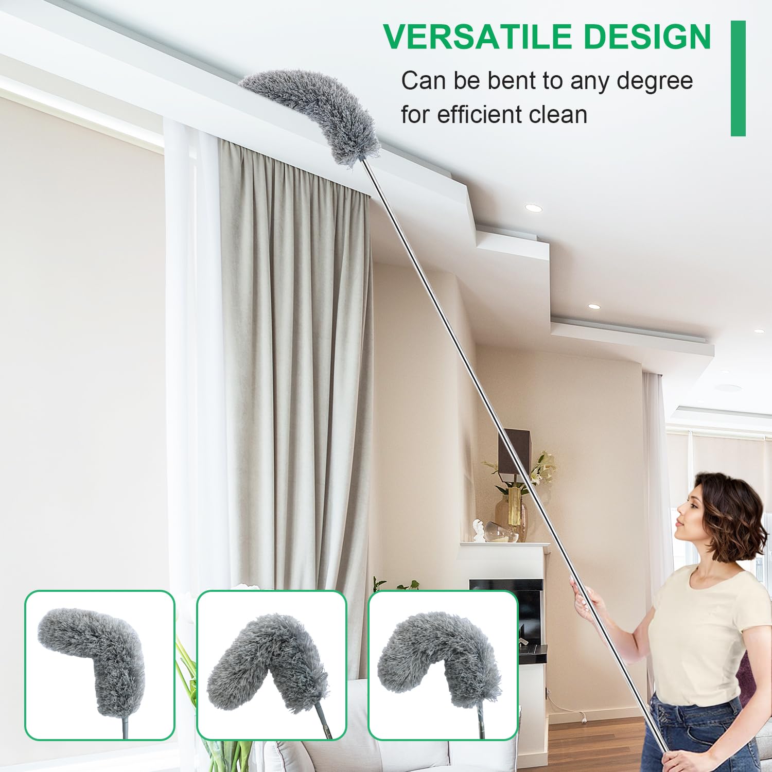 Microfiber Feather Duster with Extendable Pole, 100-inch Extra-Long Dusters Telescoping Cobweb Duster for Cleaning, Bendable and Washable Microfiber