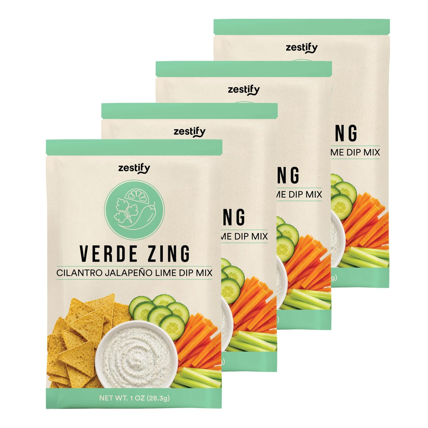 Zestify Verde Zing - Cilantro Jalapeno Lime Dip and Seasoning Mix | No Articial Ingredients, Anti-Caking Agents or Fillers (4x 1 oz seasoning packets)