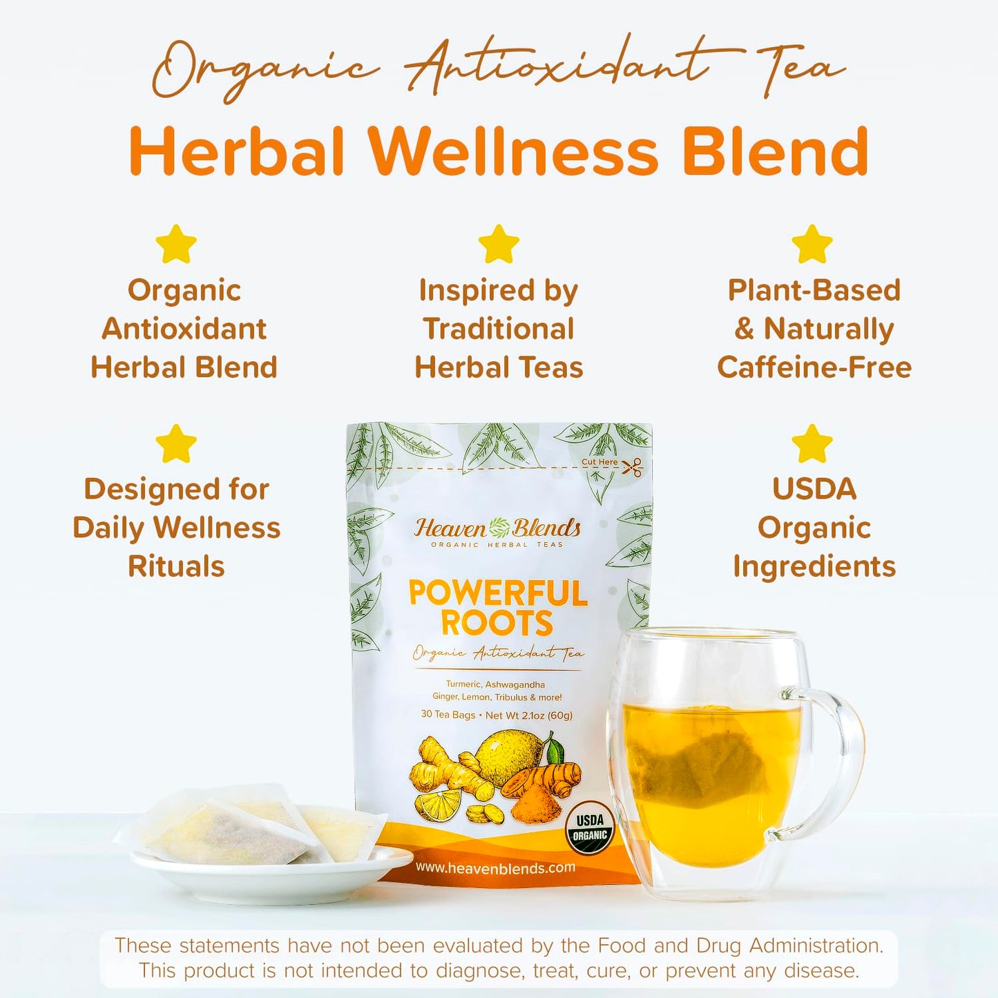 Heaven Blends Powerful Roots Men’s Vitality Organic Herbal Tea - USDA Organic - Antioxidant Blend with Turmeric, Ginger, Ashwagandha, Cinnamon, Black