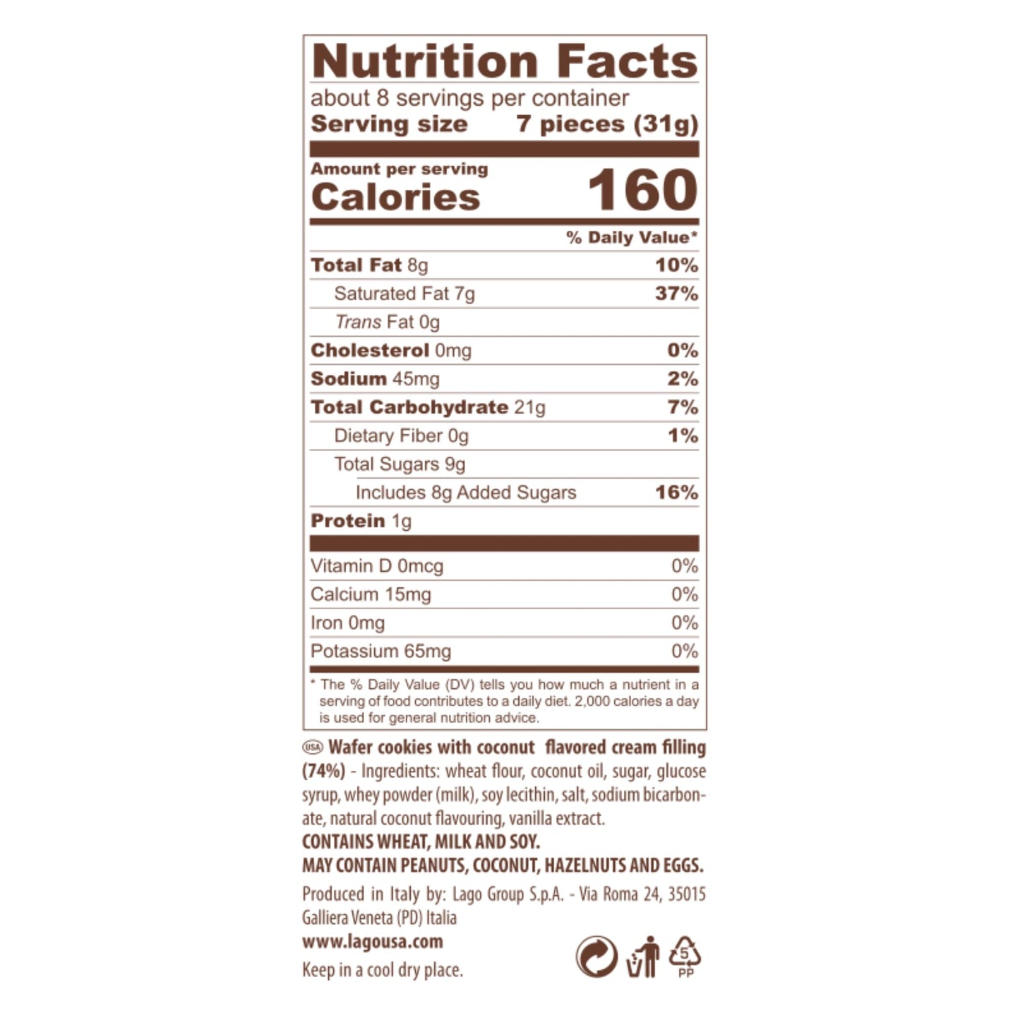 Gastone Lago Party Coconut Wafers, 8.82 oz - Italian Wafer Cookies with Coconut Flavored Cream Filling, Non-GMO Verified, Authentic Taste of Italy