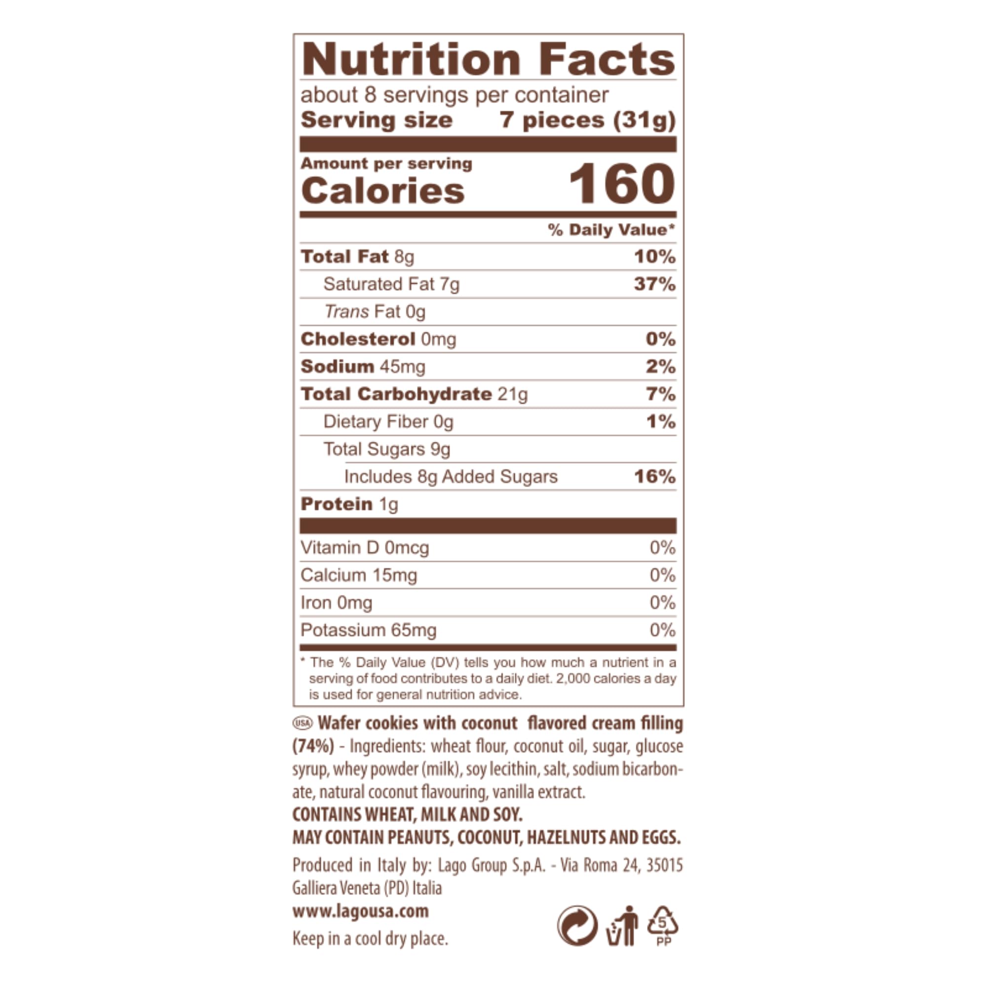 Gastone Lago Party Coconut Wafers, 8.82 oz - Italian Wafer Cookies with Coconut Flavored Cream Filling, Non-GMO Verified, Authentic Taste of Italy
