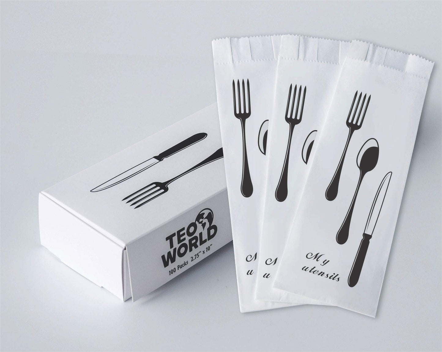 100 Pack 100% White Kraft Paper Bags, 2.75 x 10 inches White Plain Bag Kitchen Cutlery Utensils Holder