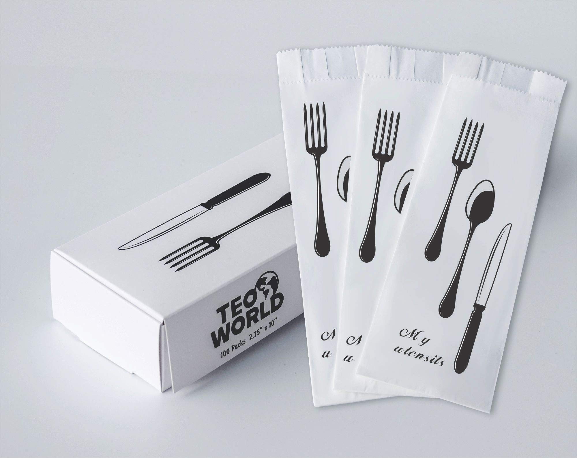 100 Pack 100% White Kraft Paper Bags, 2.75 x 10 inches White Plain Bag Kitchen Cutlery Utensils Holder
