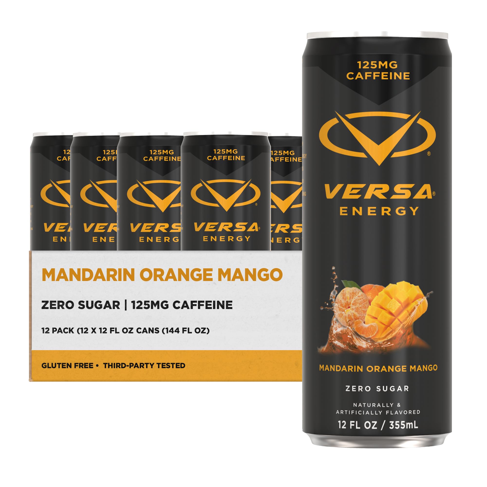 VERSA Energy by PEScience, Sugar Free Energy Drink, 125mg Caffeine, Perfectly Carbonated, Mandarin Orange Mango, Case of 12