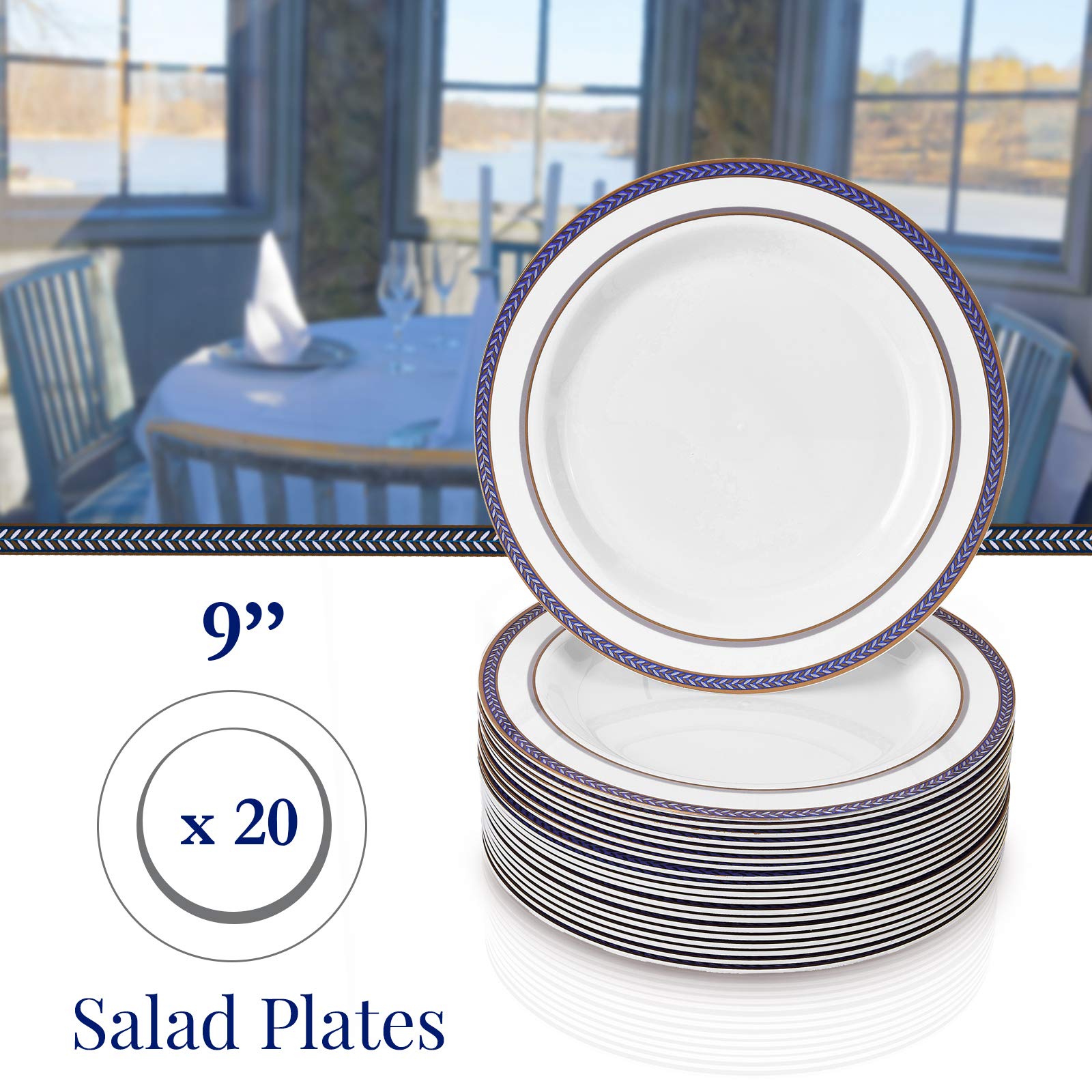 SILVER SPOONS DISPOSABLE SALAD PLATES | 20 pc | Heavy Duty Plastic Dishes | Elegant Fine China Look | Renaissance - Royal Blue (9”)