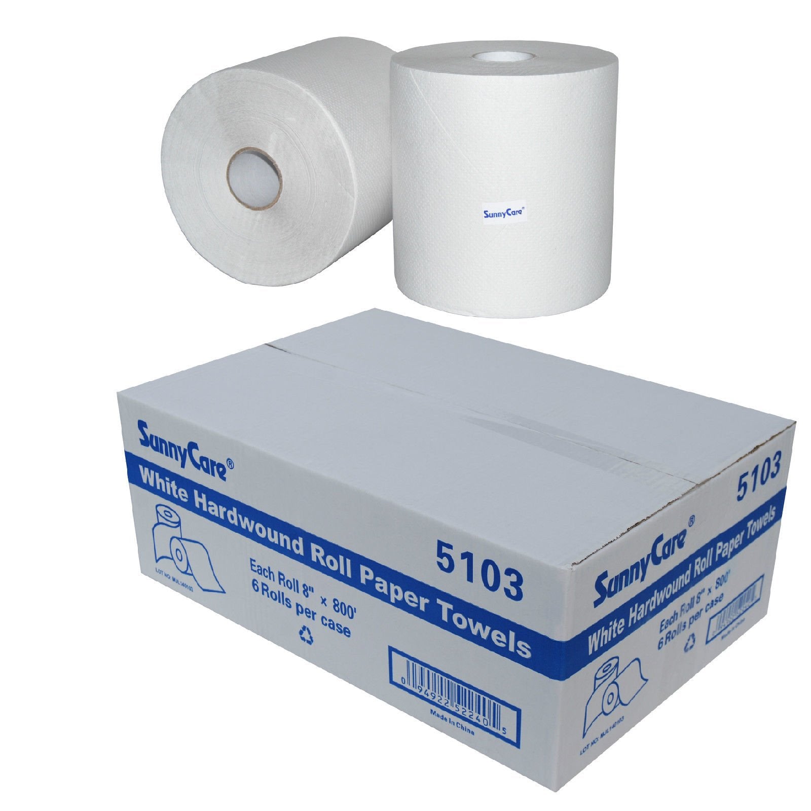 SunnyCare #5103 White One-Ply Hard Wound Paper Roll Towels 8"x800' ; 6 Rolls/case