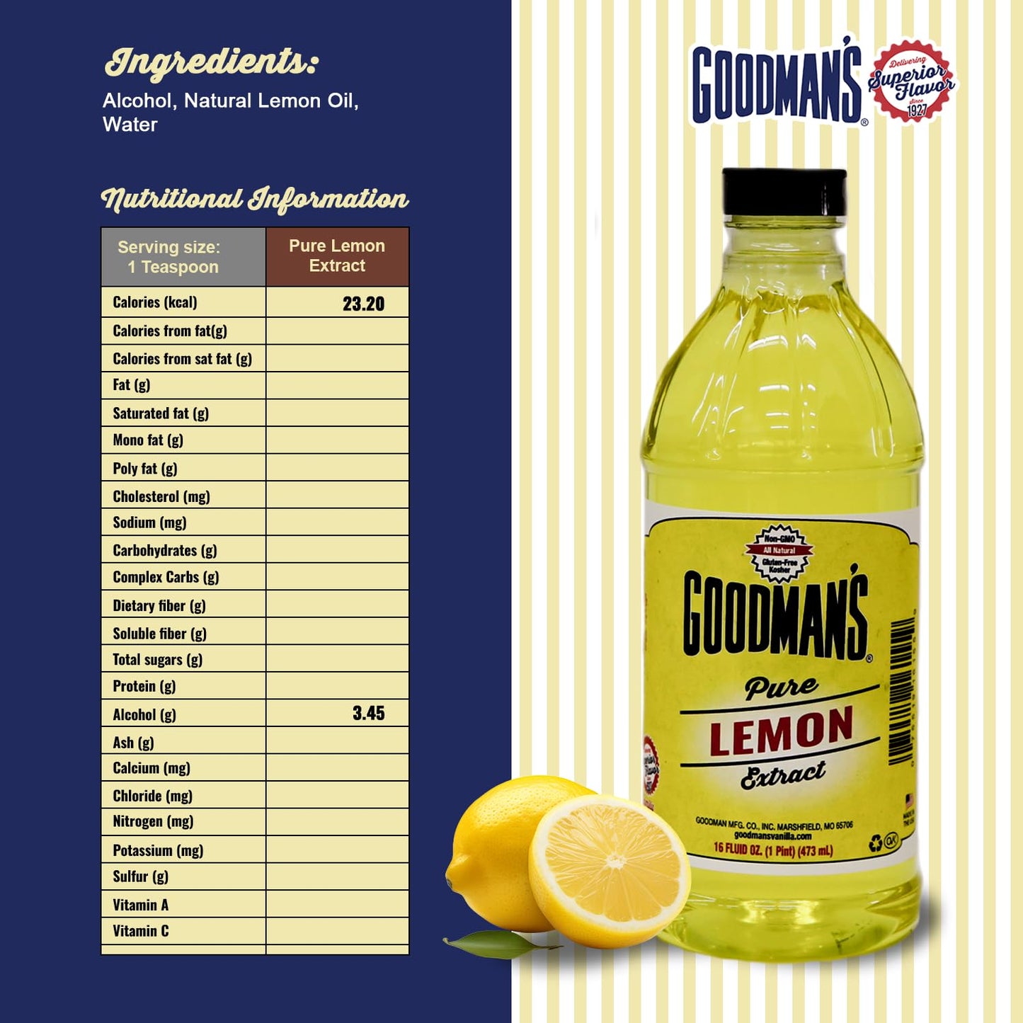Goodman's Pure Lemon Extract - Pure, Gluten-Free, Non-GMO, Kosher - Flavor Enhancer for Baking, Cooking, and Beverages - Low Carb & Calorie, No