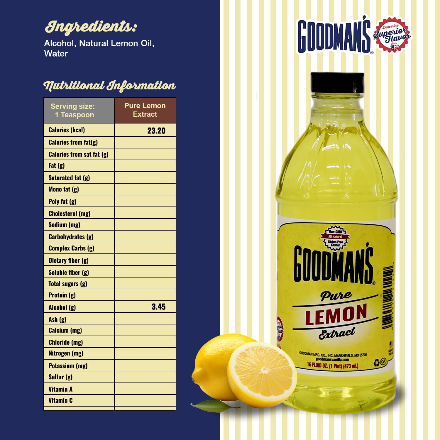 Goodman's Pure Lemon Extract - Pure, Gluten-Free, Non-GMO, Kosher - Flavor Enhancer for Baking, Cooking, and Beverages - Low Carb & Calorie, No
