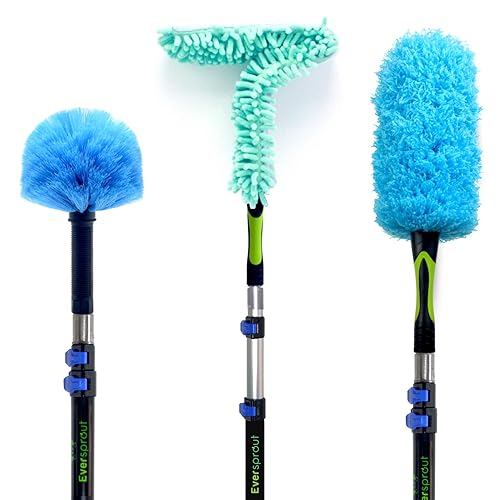 EVERSPROUT 5-to-12 Foot Duster 3-Pack with Extension-Pole (20+ Foot Reach) | Hand-packaged Cobweb Duster, Microfiber Feather Duster, Flexible