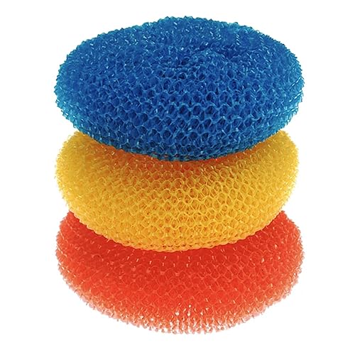 LOLA Plastic Mesh Scouring Pads - 3 Pack, 3.375" x 1.25", Non-Scratch Dish Scrubbers to Clean Dishes, Assorted Colors - Red, Blue & Yellow