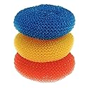 LOLA Plastic Mesh Scouring Pads - 3 Pack, 3.375" x 1.25", Non-Scratch Dish Scrubbers to Clean Dishes, Assorted Colors - Red, Blue & Yellow