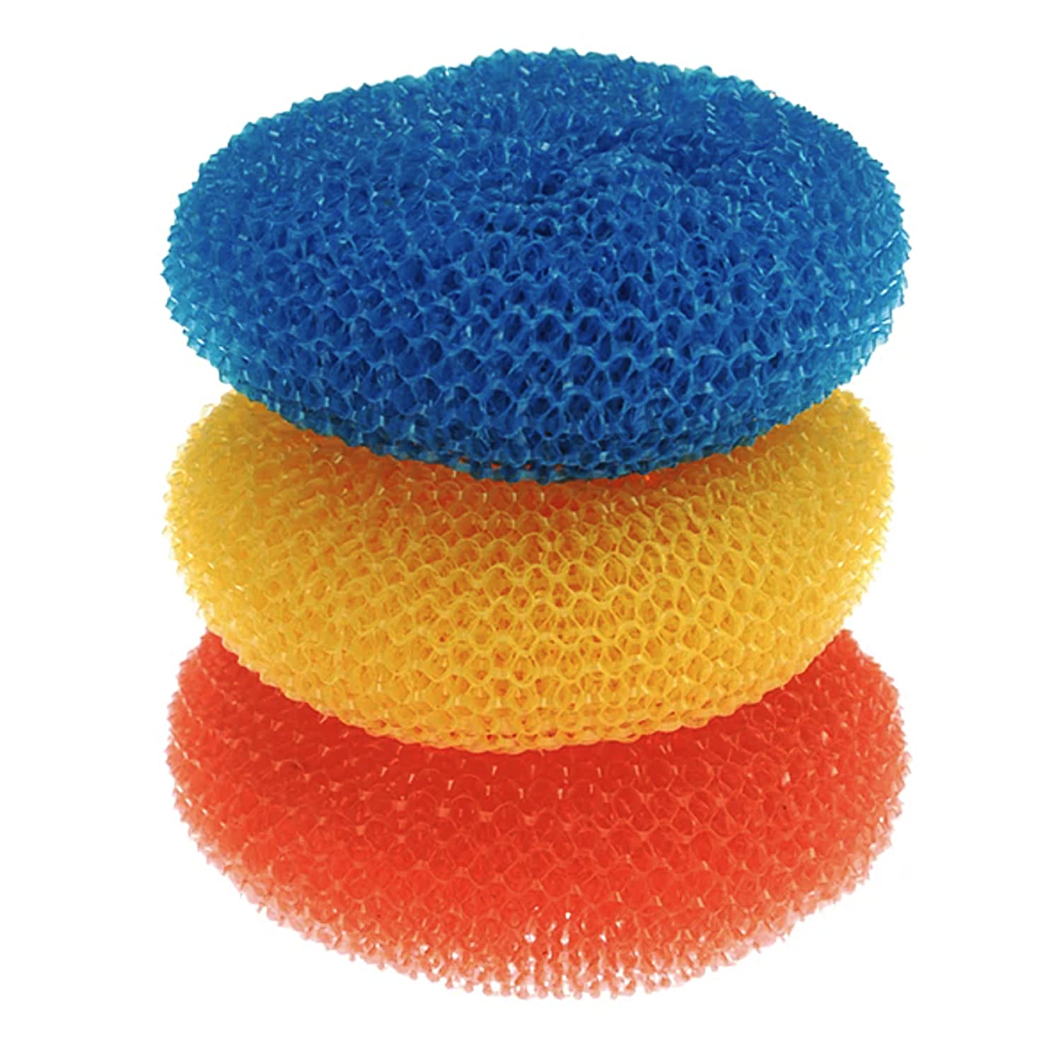 LOLA Plastic Mesh Scouring Pads - 3 Pack, 3.375" x 1.25", Non-Scratch Dish Scrubbers to Clean Dishes, Assorted Colors - Red, Blue & Yellow