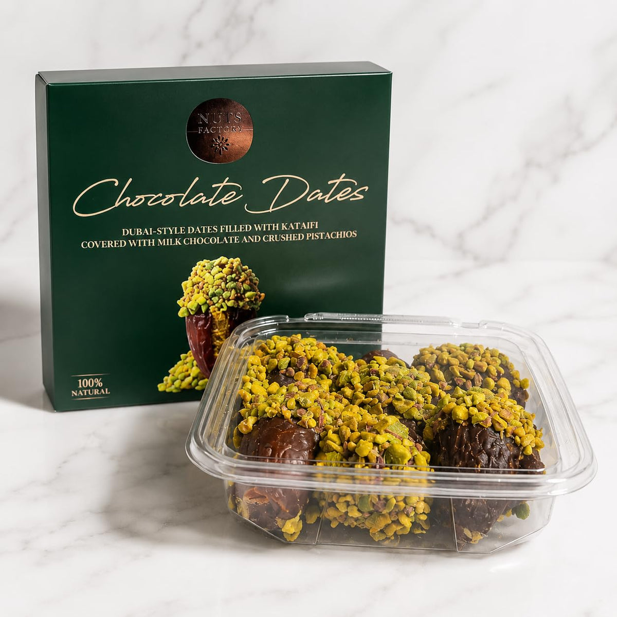 Nuts Factory Chocolate Dates - Dubai Style Milk Chocolate Covered Dates with Kataifi, Pistachio Sauce & Crushed Pistachios, Gourmet Stuffed Dates