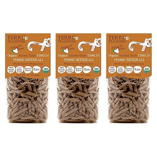 Tere e Tradizionni Organic Timilia/Tumminia Low-Gluten Index Whole Wheat Penne Pasta - Ancient Grains Grown in Sicily Italy - Al Dente Texture