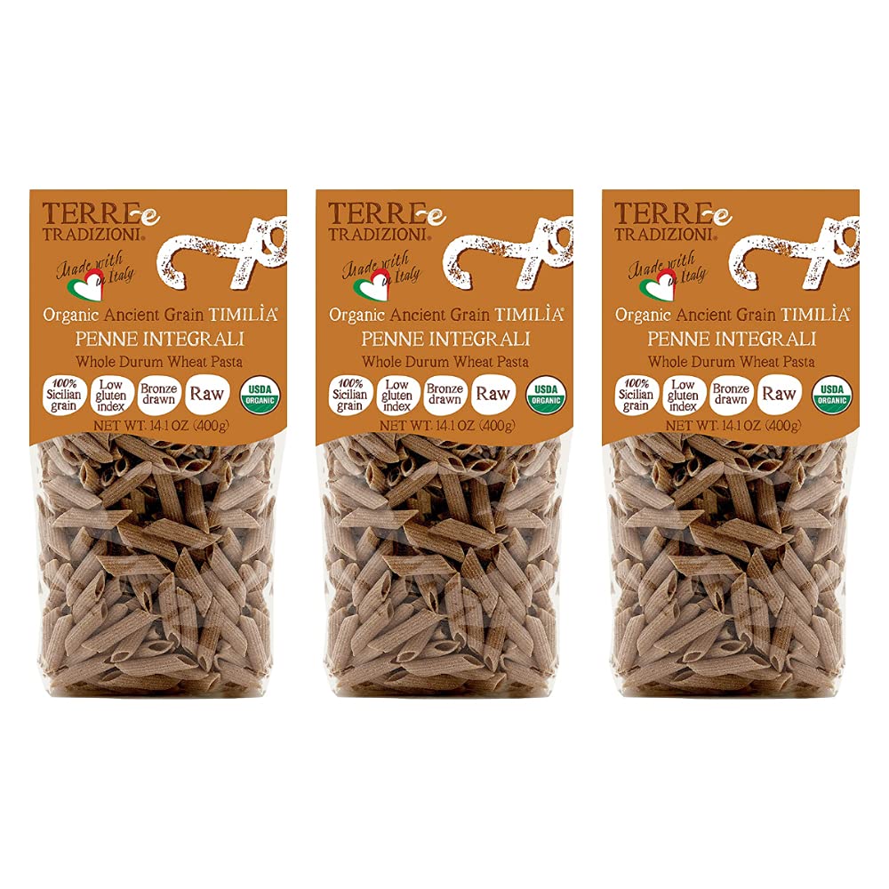 Tere e Tradizionni Organic Timilia/Tumminia Low-Gluten Index Whole Wheat Penne Pasta - Ancient Grains Grown in Sicily Italy - Al Dente Texture