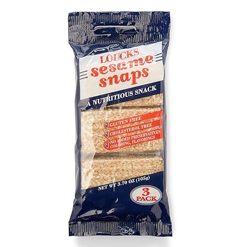 Loucks Original Sesame Snaps Candy Individually Wrapped 3-Pack (3 Bars, 4 Snap Pieces/Bar) Vegan, Gluten-Free, Cholesterol-Free, Kosher Sesame Seed