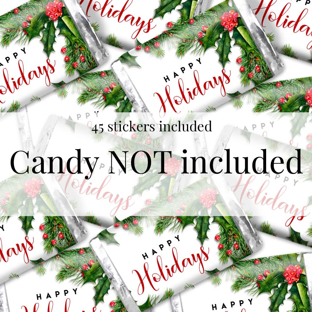 Holiday Holly and Pine Miniature Chocolate Candy Bar Sticker Wrappers, 45 Wrap Around Labels Sized 1.4" x 2.6" by AmandaCreation, Great for Holiday