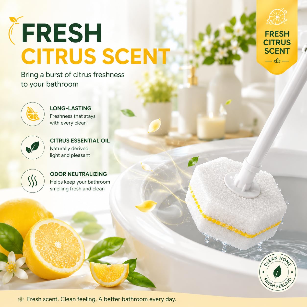 Qesea Toilet Wand Refills 60 Count Lemon Scent - Disposable Toilet Bowl Cleaner Brush Heads with Fresh Citrus Fragrance, Fits Most Standard Toilet