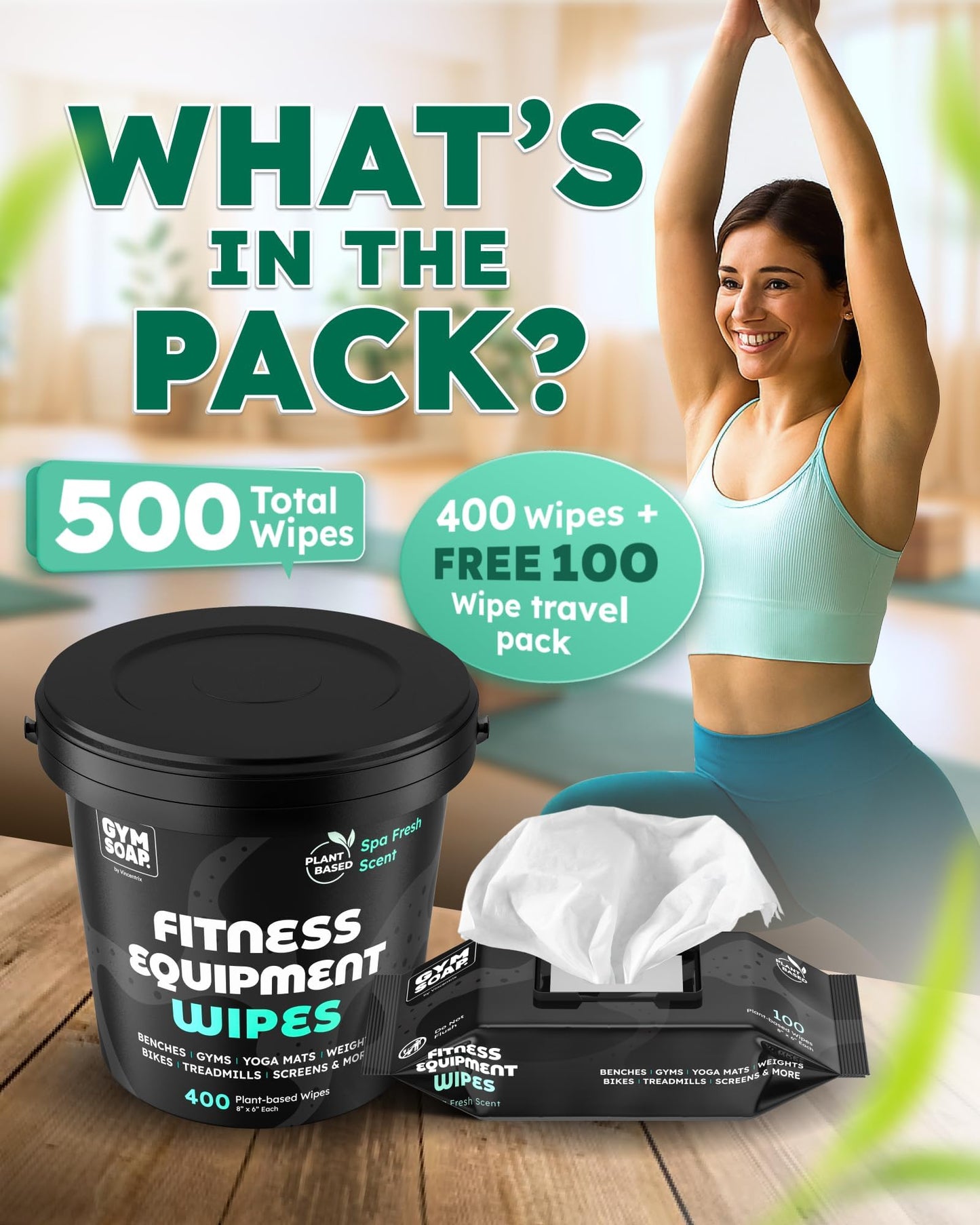 Gym & Yoga Mat Cleaner Wipes, Plant Based - 500 Gym Equipment Wipes to Clean Exercise Equipment, Treadmill, Peloton Bikes - Gym Supplies, Yoga