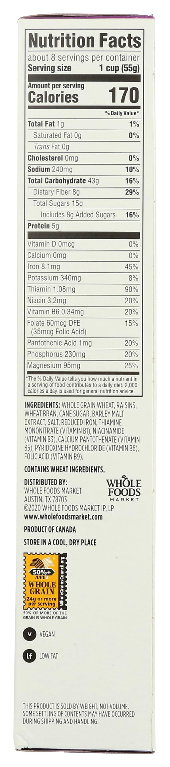 365 by Whole Foods Market, Raisin Bran Cereal, Vegan, Low-Fat, 15 Ounce