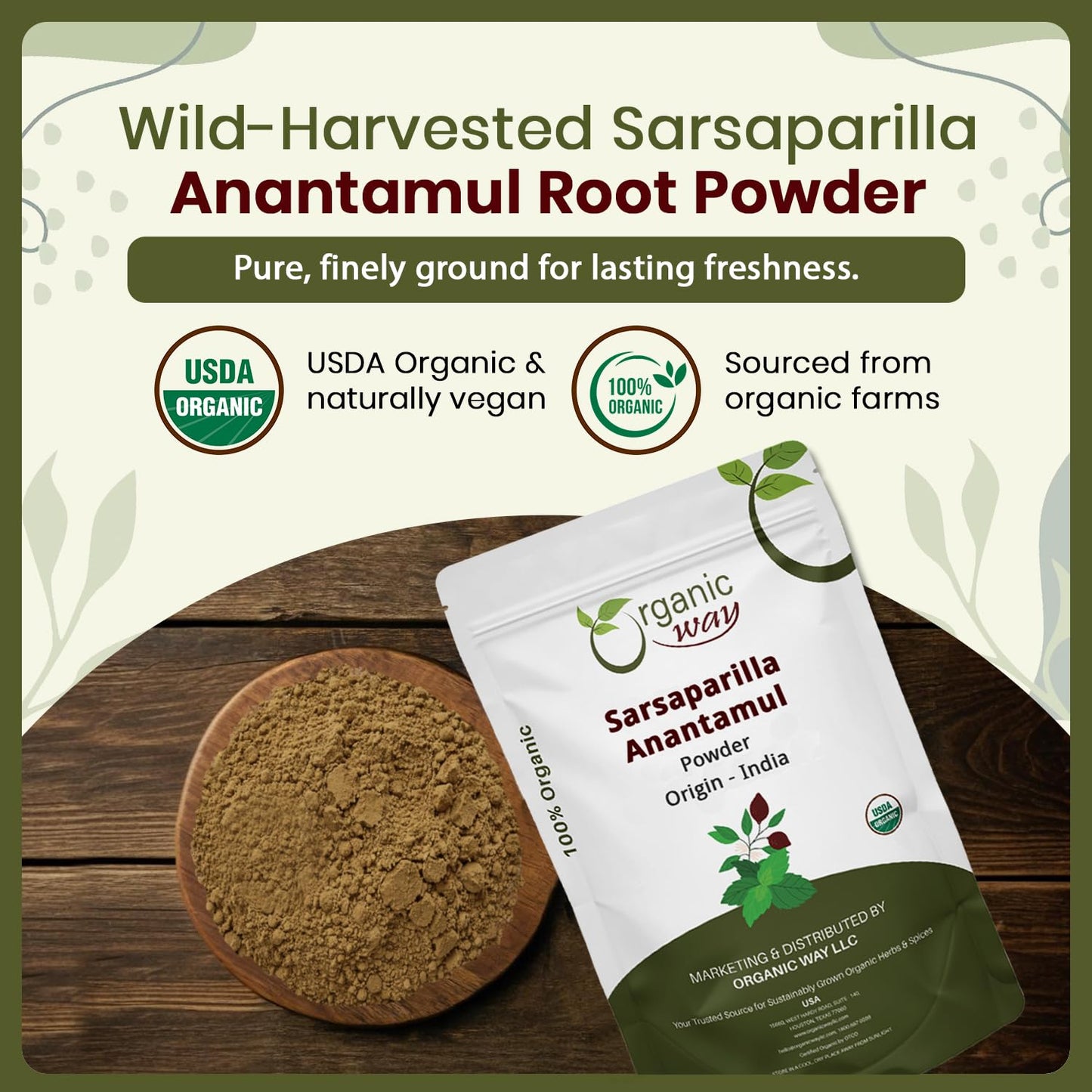 Organic Way Sarsaparilla/Anantamul Root (Hemidesmus indicus) Powder - Herbal Tea | USDA & Kosher Certified | Vegan, Non GMO & Gluten Free | Resealable